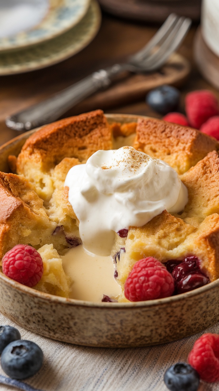 A comforting bowl of bread pudding topped with vanilla sauce and fresh berries on a rustic table.